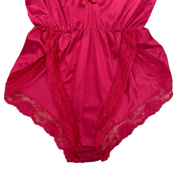 Vintage 80s Red Nylon Satin Lace Trim High Cut Teddy - M - Picture 3 of 10